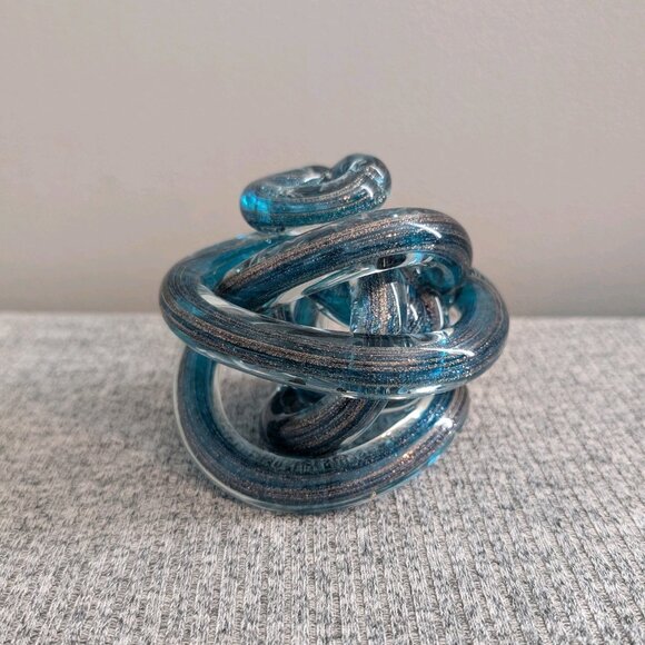 Art Glass Murano-Style Twisted/Infinity Knot Sculpture, Blue/Teal & Silver - Picture 1 of 4